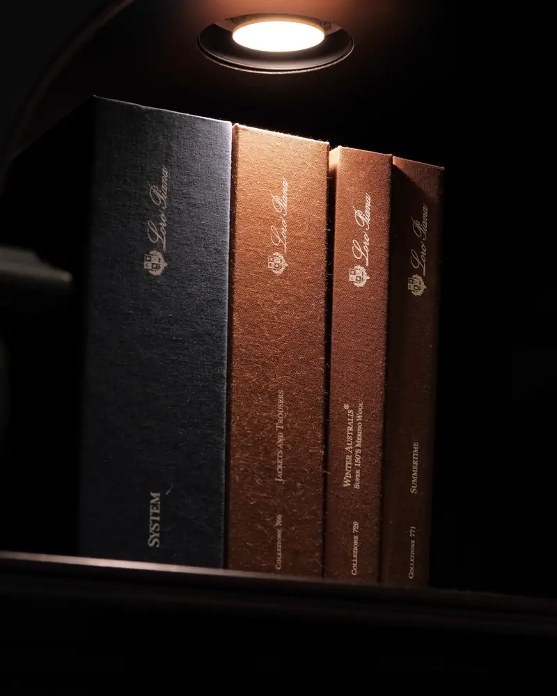 Loro Piana cloth books under a downlight